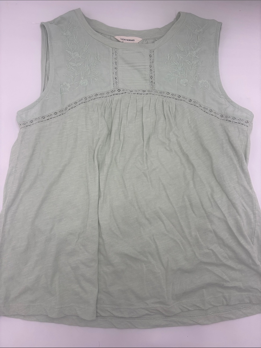 Lucky Brand Embroidered Yoke Cotton Tank Top in Frosty Green